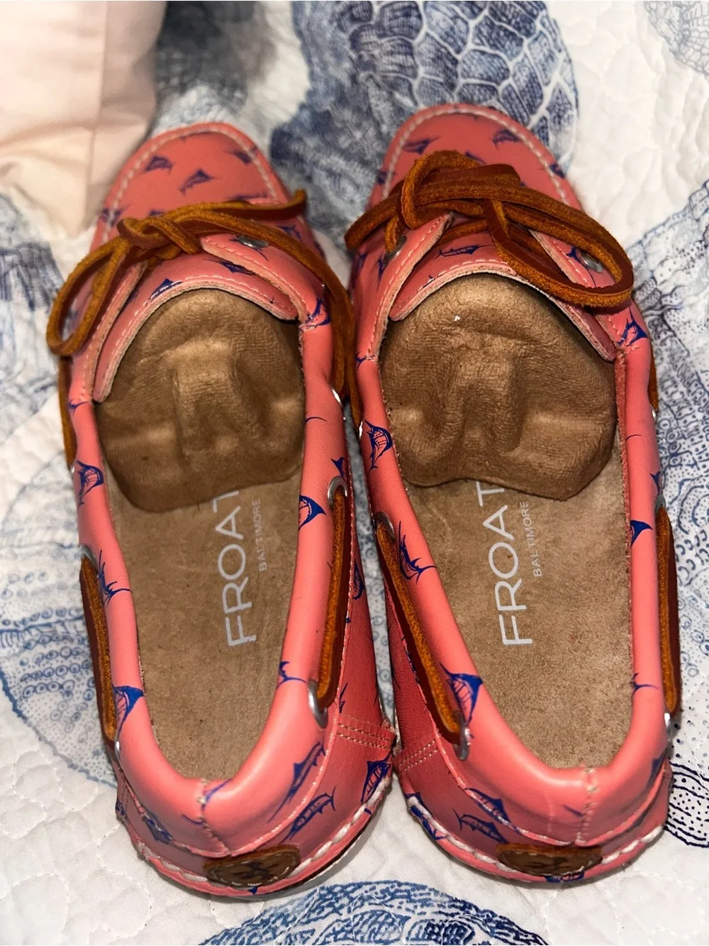 Froats coral with blue sailfish Printed Leather Boat Loafers with Brown Laces
